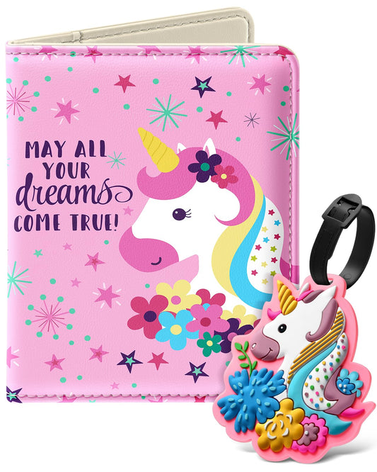 Slohif Kids Passport Holder Lugguage Tag Set - Cute Passport Cover Case for Travel Leather Wallet Book for Boys Girls Personalized Organizer Card Protector Cruise Essentials Accessories Gifts Unicorn