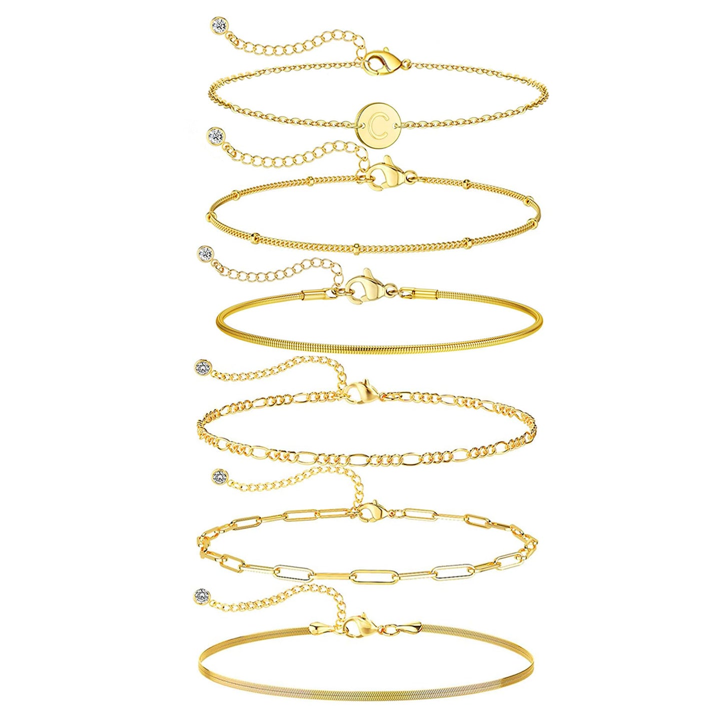 Lydow Bracelets for Women, Stack Jewelry Set Initial C Chain Stackable Letter Teen Accessories Pulseras Para Mujer 6 Inch 6PCS