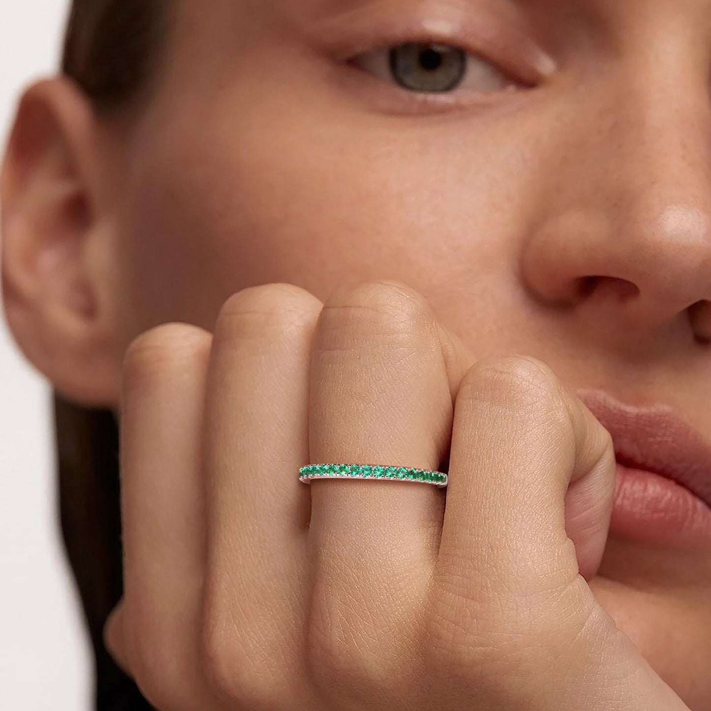 AGRULE Emerald Eternity Band Silver Wedding Rings Men Women Sterling Silver Created May Birthstone Rings 0.3 Carat Green Stone Stackable Cocktail Ring Size 6