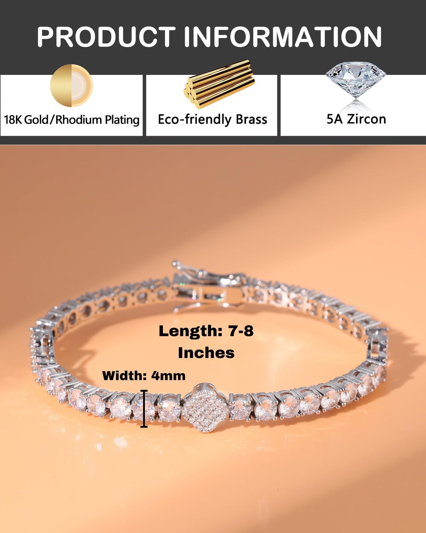 LuxeFlex 4mm Iced Out Clover Tennis Bracelet, White Gold Plated with 5A Zircon Stones, Handmade exquisite Hip Hop Jewelry, Perfect Unisex Gift (White Gold-All stone, 7)