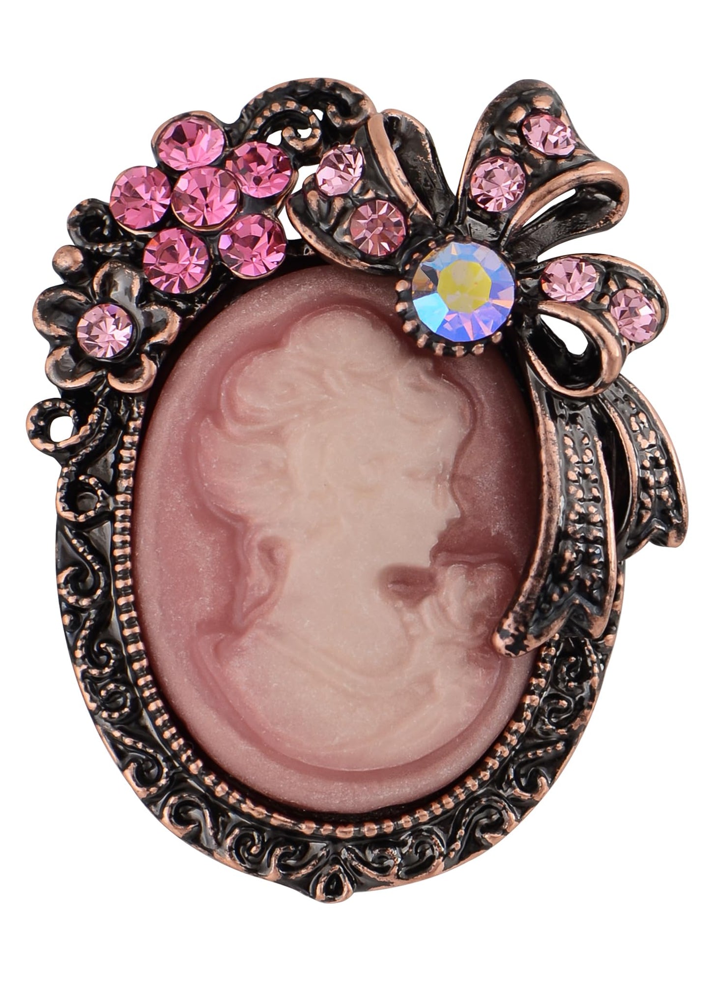Alilang Vintage Elegant Victorian Lady Beauty Cameo with Crystal Rhinestone Brooch Pin Flower Ribbon Bow Pendant, Purple