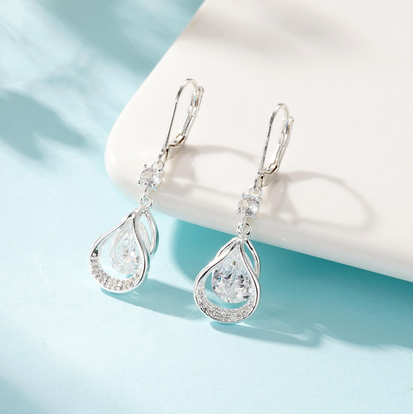 Dangle Trendy Leverback Birthstone Earrings Sliver Plated Teardrop Dangle Earrings Jewelry Christmas Birthday Gifts for Women (Sliver April)