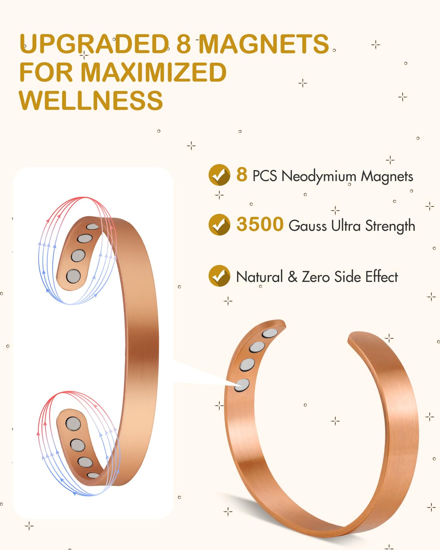 Feraco Copper Magnetic Bracelet for Men Women, 99.99% Pure Copper Cuff Bangle with Effective Neodymium Magnets, Adjustable Jewelry Gifts (Set of 2)