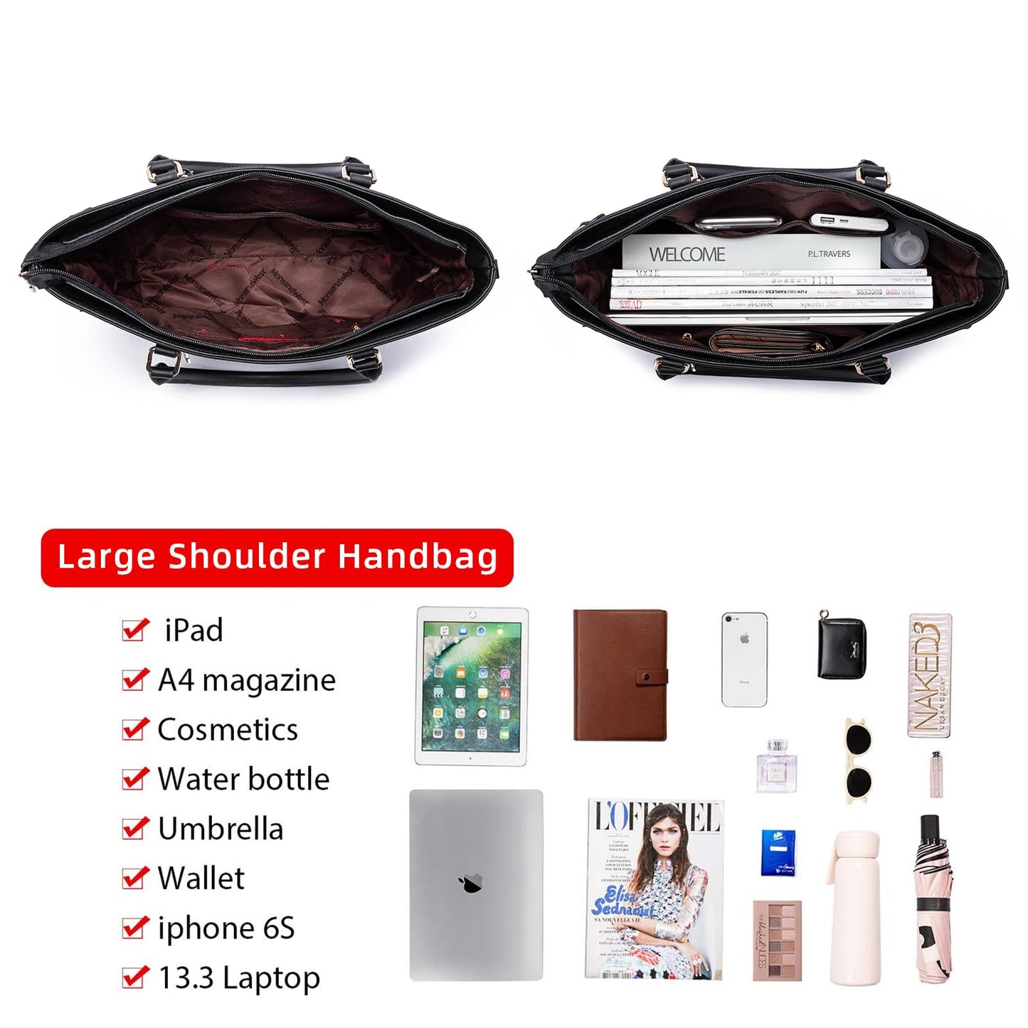 Montana West 3PCS Purses for Women Tote Bag and Wallet Set Shoulder Satchel Crossbody Bags Leather Handbag for Gift Travel Casual Work MWC-HB-SET3-C032W-BK