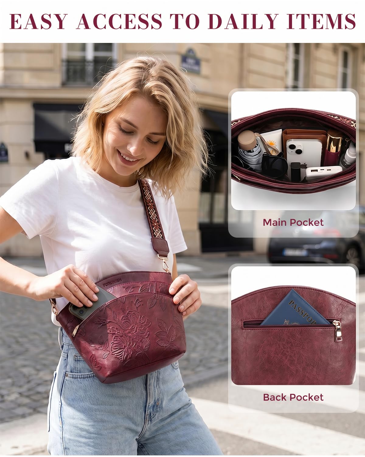 Crossbody Bags For Women, Vegan Leather Crossbody Purses with Boho Strap, Daily Travel Red Shoulder Handbag