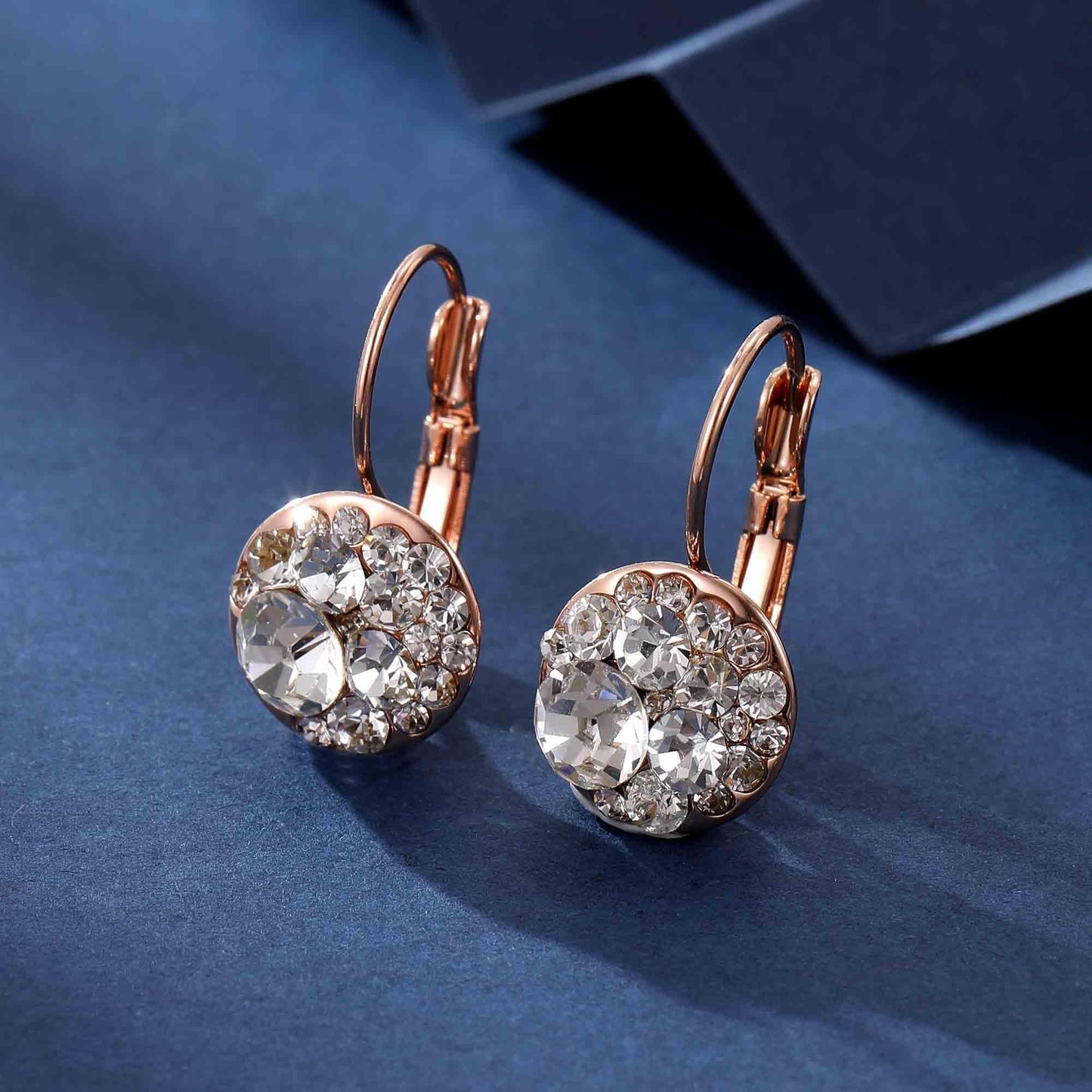 Multicolored Austrian Crystal Leverback Earrings for Women 14K Gold Plated Dangle Hoop Earrings Hypoallergenic Jewelry (Clear White/Rose Gold-tone)