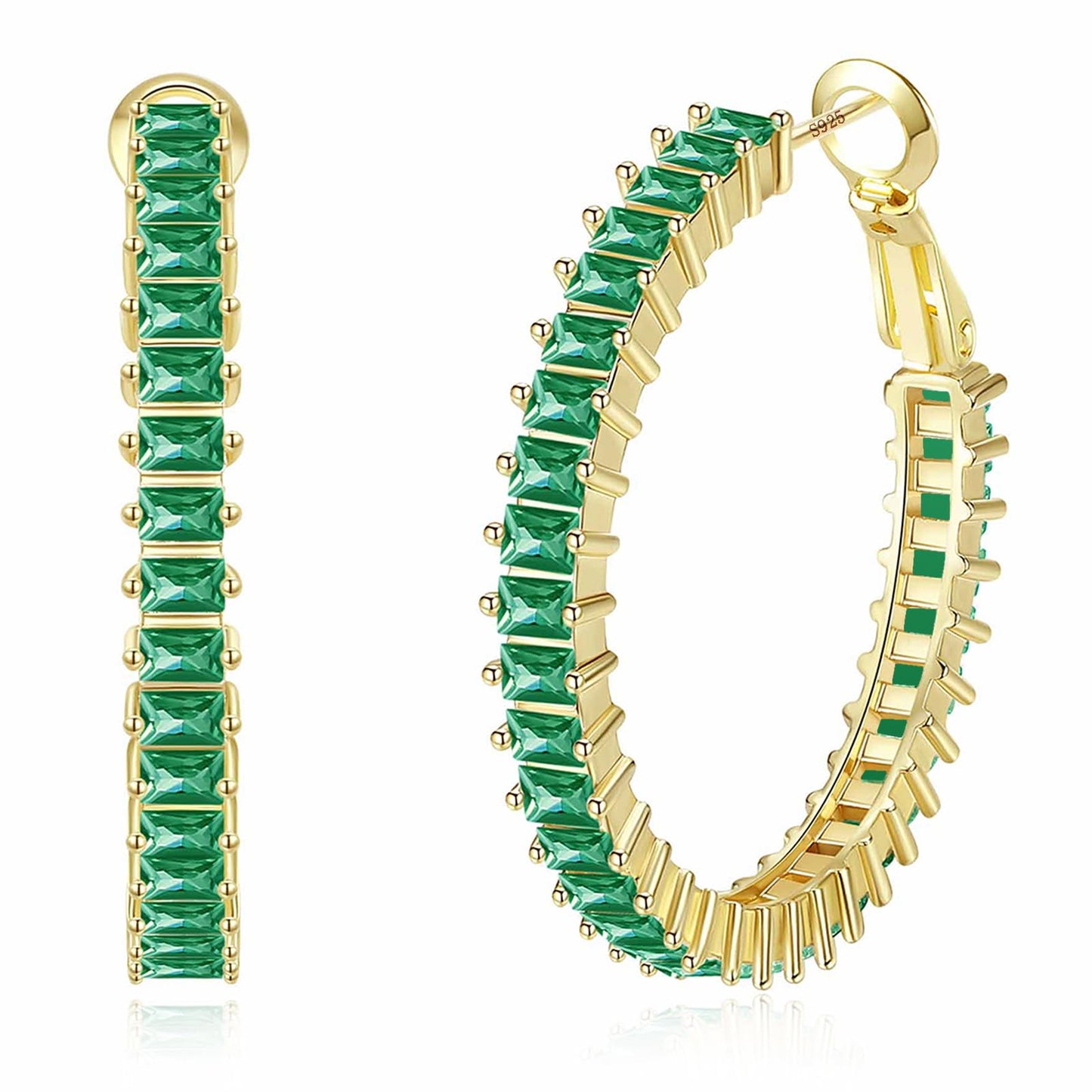 GLOQUAT Gold Green Hoop Earrings St Patrick's Day Green Accessories 14K Gold Plated Earring for Women Vintage Baguette Cubic Zirconia Hoop Earring Fashion Round Circle Hoops St. Pat's Day Jewelry 35mm