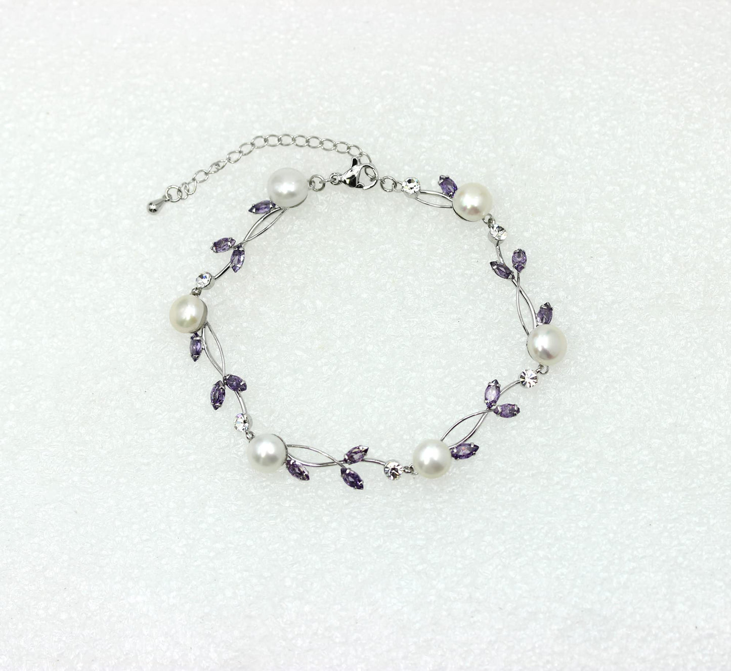 Faship Purple CZ Crystal Genuine Freshwater Pearls Floral Bracelet 7.5" - 9.5" - Purple/Matching Bracelet