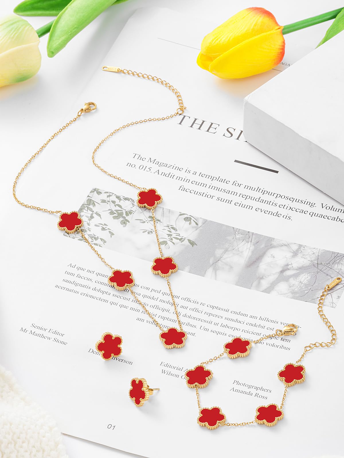 Qinpan Five Leaf Clover Necklace Bracelet and Stud Earrings Set for Women Lucky Flower Jewelry (Red-14K Gold Plated)