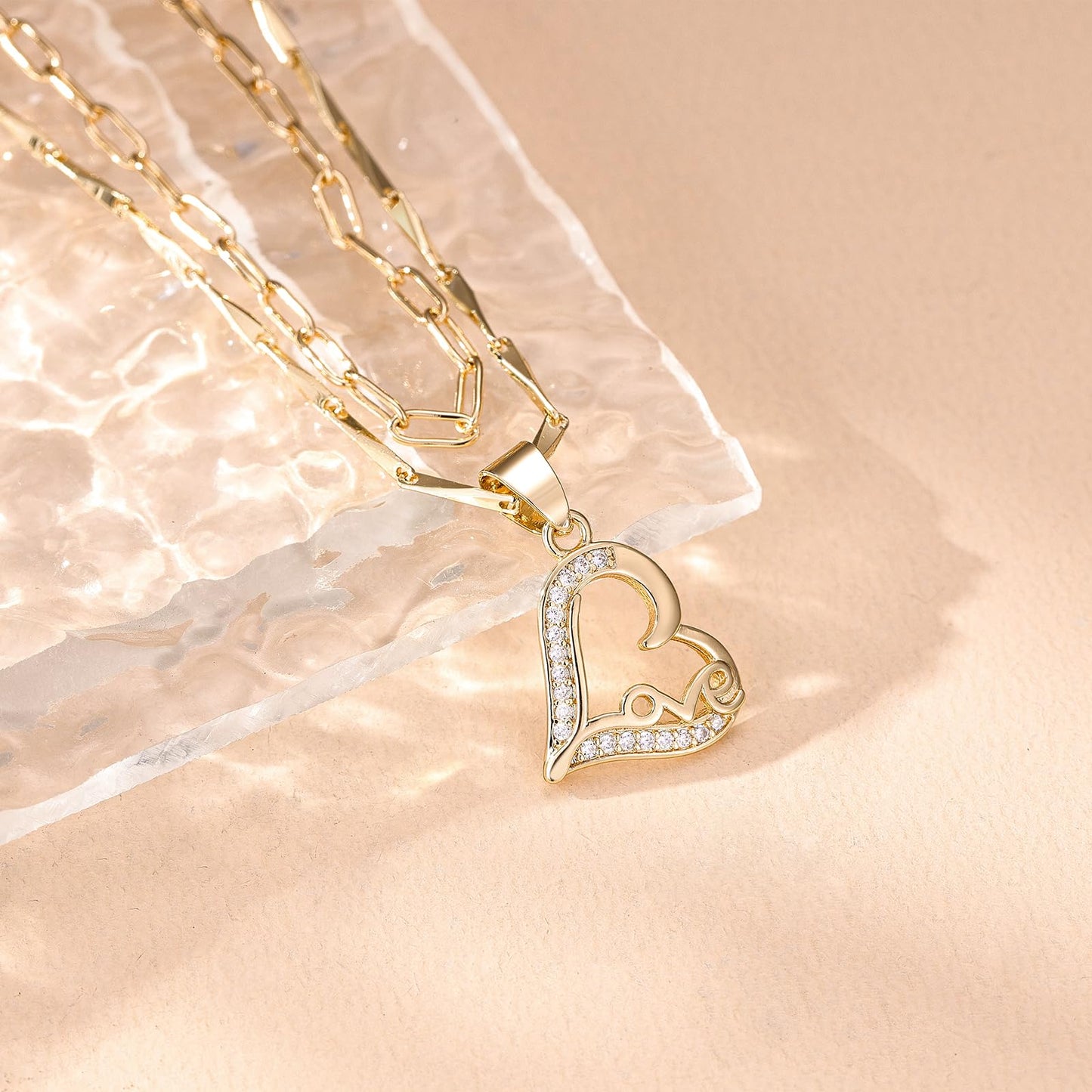 MEIITRUE Heart Necklaces for Women Trendy 14k Gold Plated Dainty Layered Necklace Set Cubic Zirconia Pendant Choker Paperclip Chain Stackable Jewelry Gifts for Her