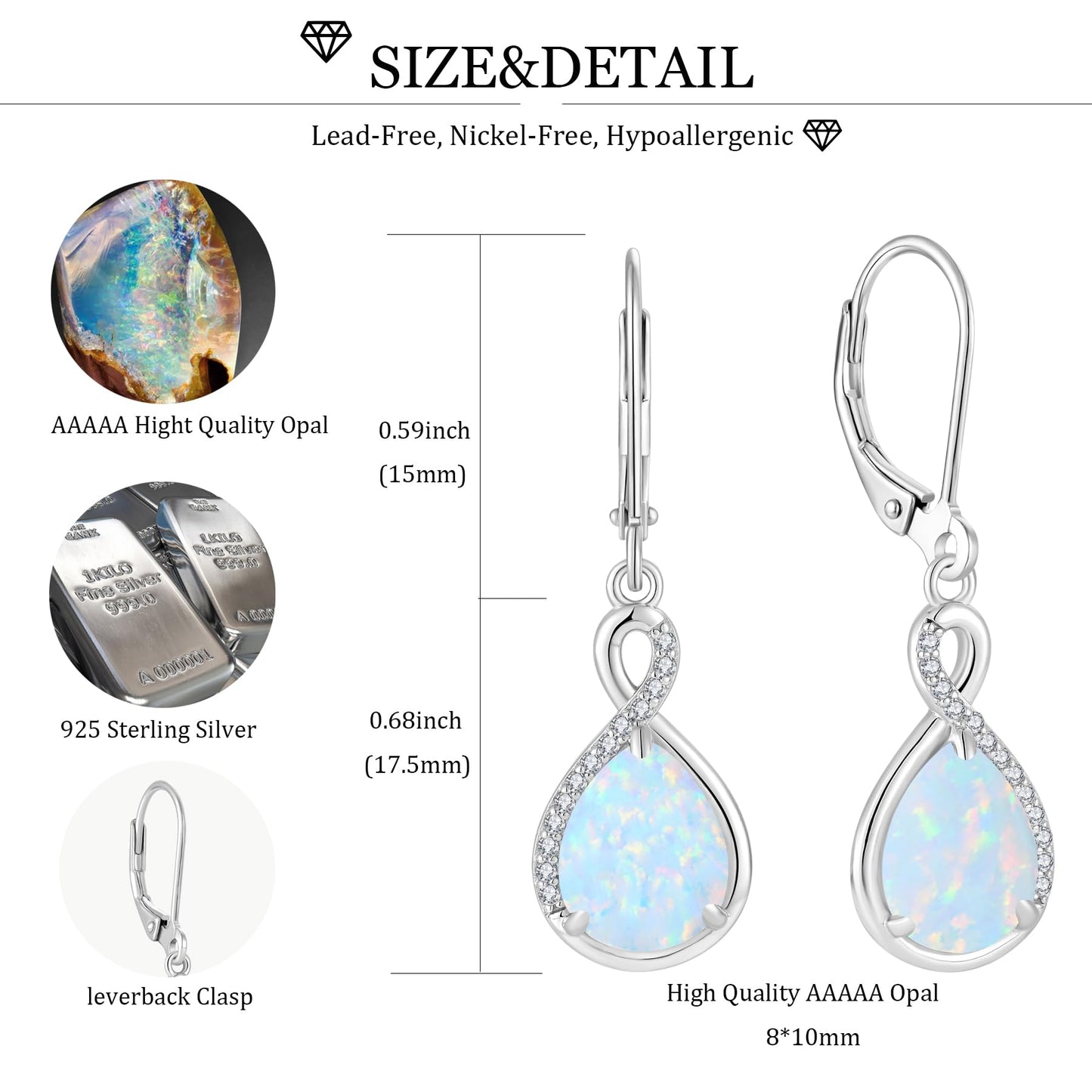 FYNSBLE Opal Earrings for Women Sterling Silver Infinity Opal Dangle Drop Leverback Earrings Hypoallergenic Jewelry for Women