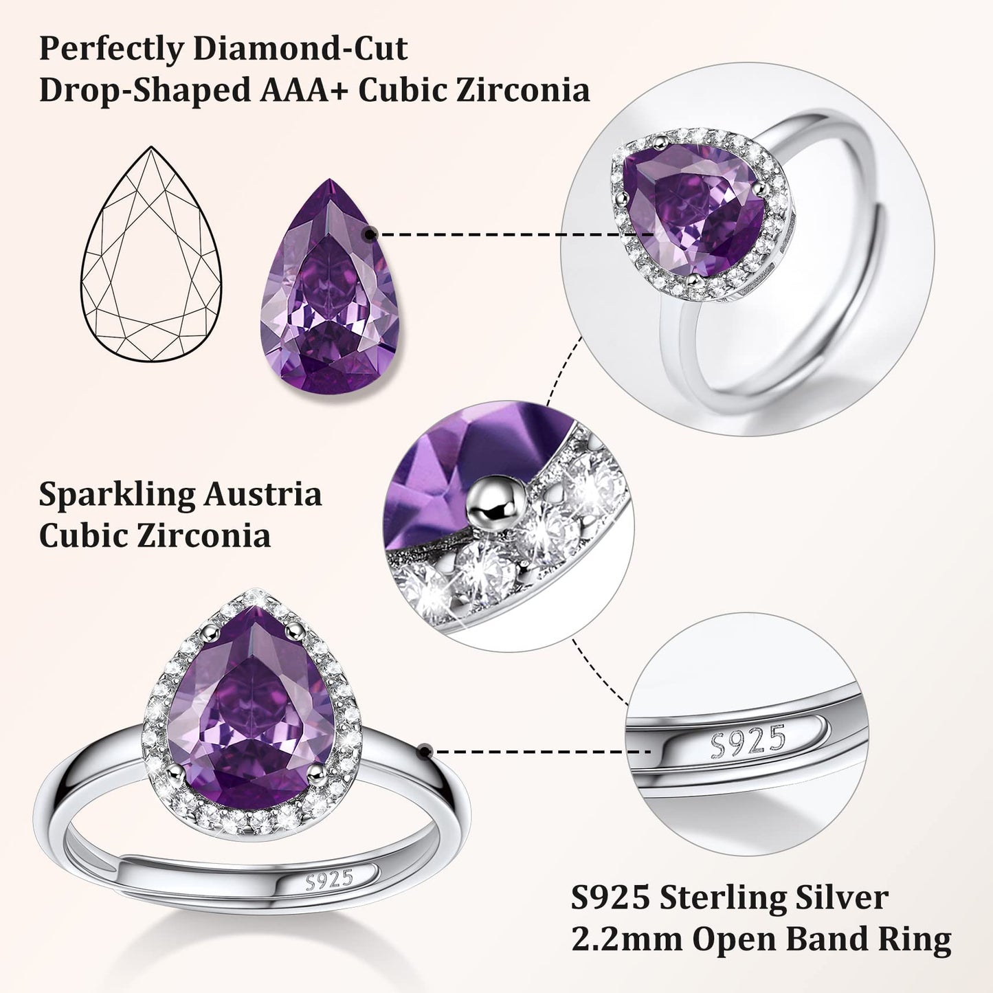 Bestyle 925 Sterling Silver Teardrop Crytsal Cubic Zirconia Rings | Classic Silver February Amethyst Crystal Birthstone Rings for Women, Great Birthday Gift for Wife/Mom/Grandma