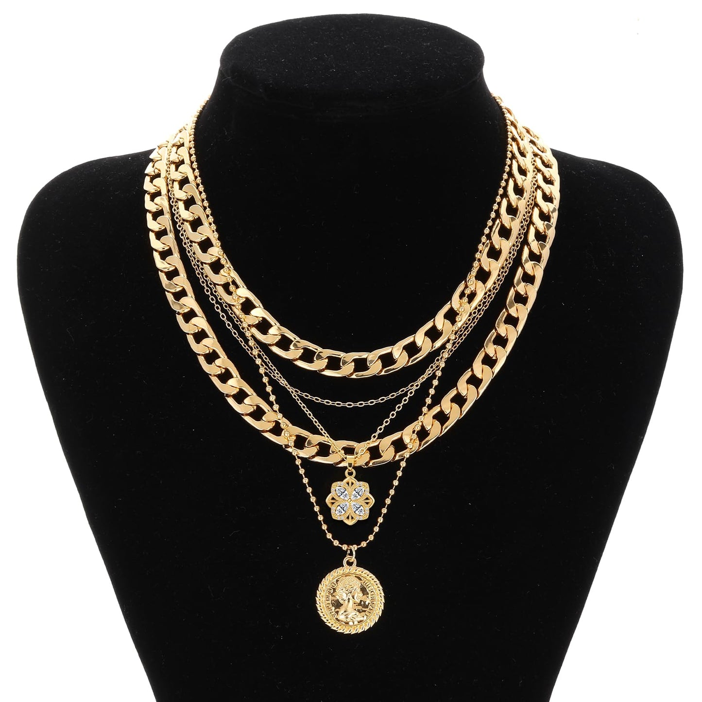 MJartoria Gold Layered Necklaces for Women Trendy Retro Coin Pendant Necklace Dainty Chunky Chain Choker Necklaces for Jewelry Birthday Gifts (Gold, A-Z-Rotatable Clover+Rhinestone-5 in 1 Layered)