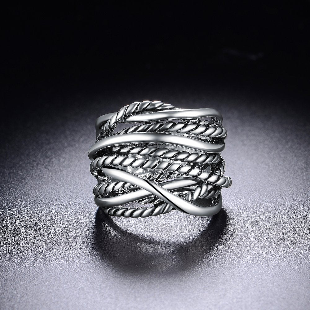 Mytys Gold and Silver Statement Rings for Women Wire Intertwined Design 14K Gold Plated Silver Band Ring Wide Index Finger Rings Costume Jewelry (Silver, 8)
