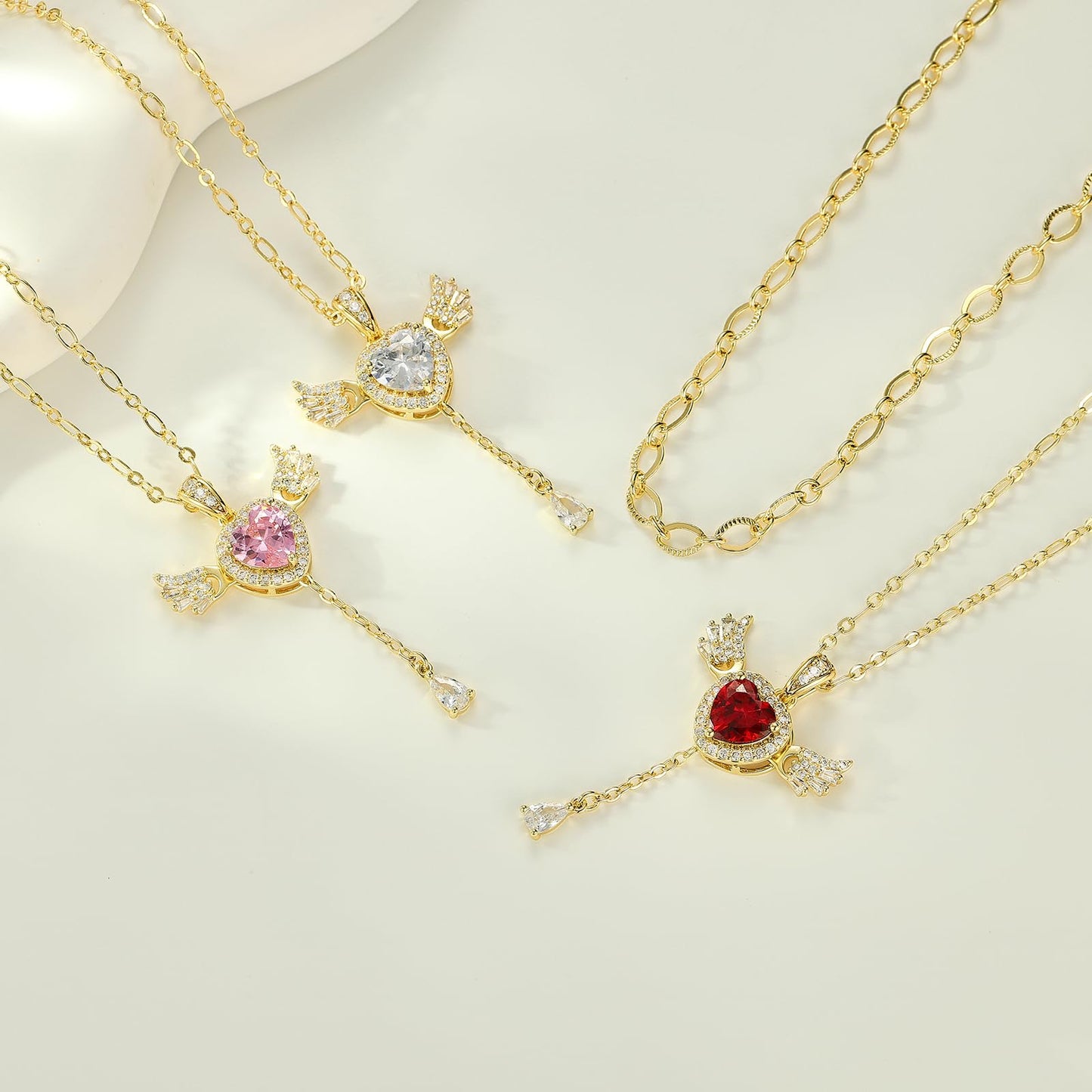MEIITRUE Heart Necklace for Women Trendy,14k Gold Plated Dainty Layered Necklaces Set Cubic Zirconia Love Drop Pendant with Movable Wings Personalized Choker Chain Jewelry Gift Pink