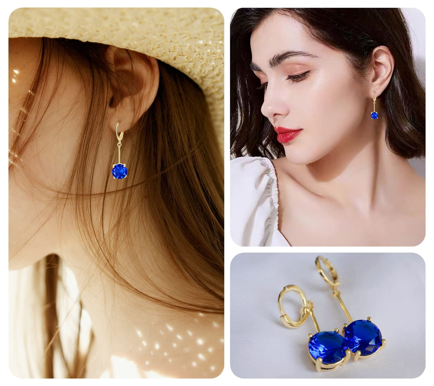 VONSSY Gemstone Drop Dangle Earrings | Platinum/Gold Plated Leverback Crystal Cubic Zirconia Hanging Red/Pink/Blue Earrings (Sapphire Blue-Gold)