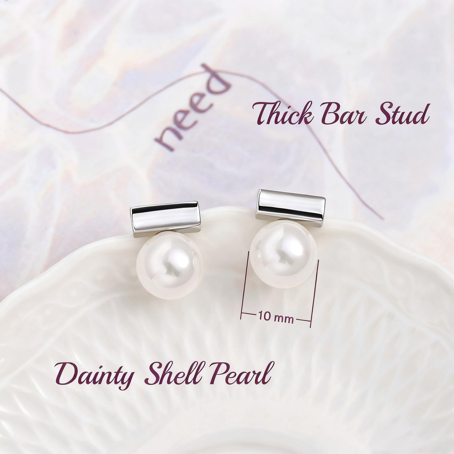 10mm Shell Pearl Drop Earrings, Silver Bar Stud Earrings, Dainty Wedding Jewelry