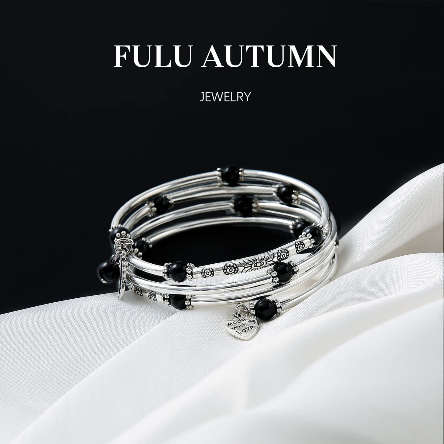 FULU AUTUMN Beaded Bangle Bracelets for Women Silver Wrap Bangles Bracelet Womens Costume Jewelry Fashion Gift(Pearl black)