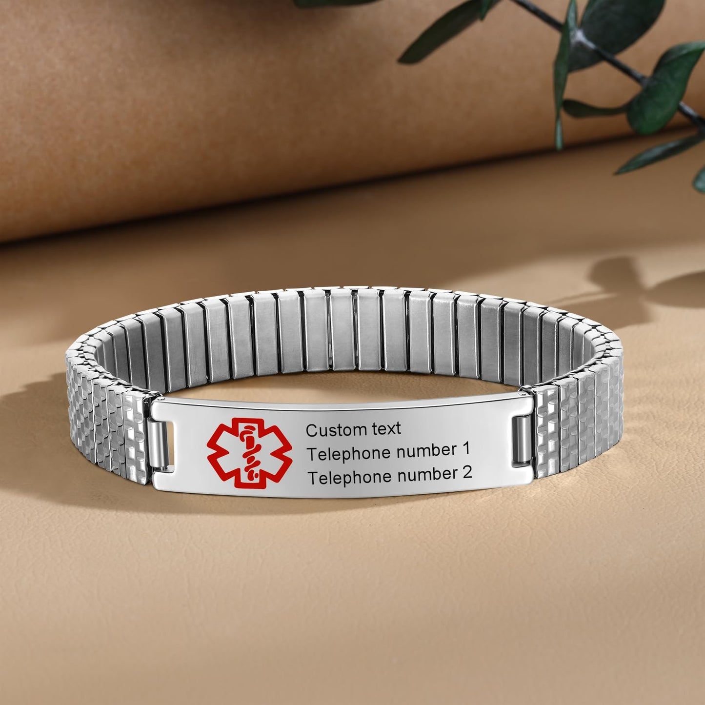 Personalized Medical ID Bracelets for Men - Custom Emergency Alert Bracelet for Women Engraved Medic Info Elastic Stainless Steel Bracelets for Family Autism Allergy Diabetic Epilepsy (Silver, 21.5cm)