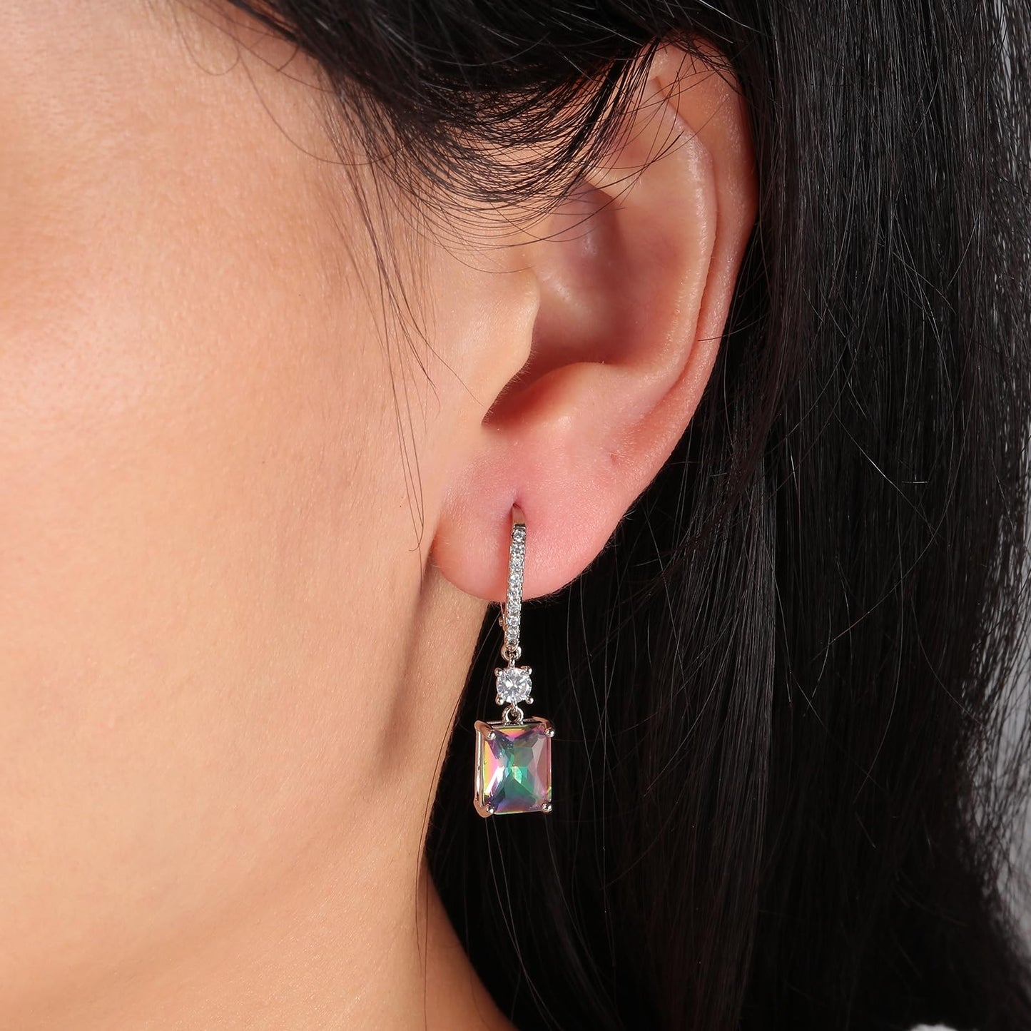 CiNily Leverback Earrings for Women Rectangular-cut Drop Dangle Earring Hypoallergenic, 14K White Gold Plated Mystic Rainbow Topaz Earrings Diamond Dangle Ear Rings Jewelry for Sensitive Ear