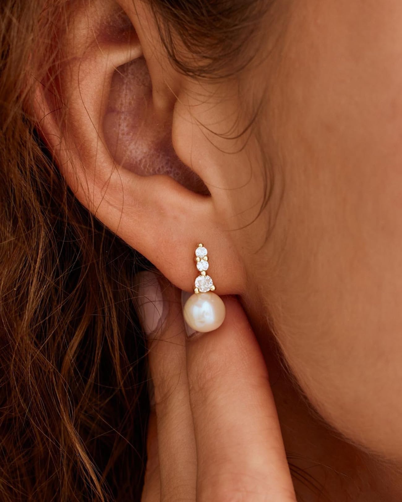 PRTGL Pearl Earrings - 14K Gold Plated Pearl Cubic Zirconia Drop Wedding Earrings for Bridal Bridesmaid Women