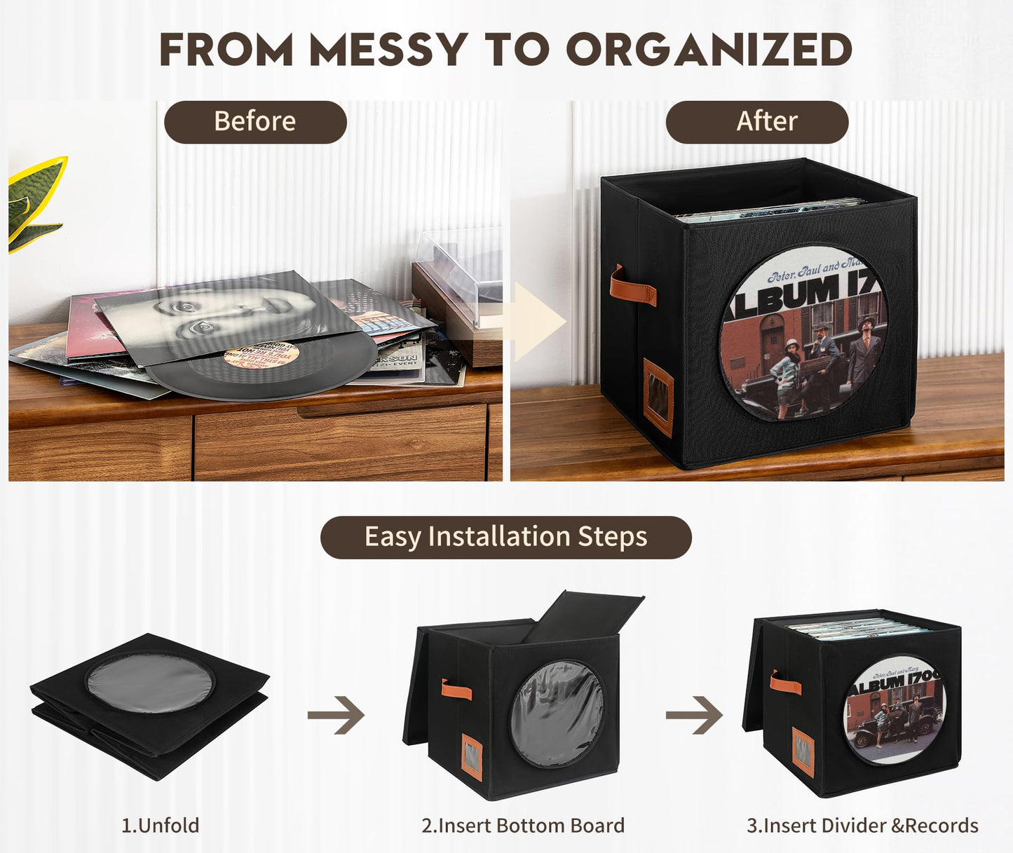 Qozary Vinyl Record Storage Box with Display Window for Album Covers, 2 Pack Record Organizer Crate with Lid, Collapsible LP Storage Box, Label Slot & Leather Handles, Holds Over 100 Vinyl Albums