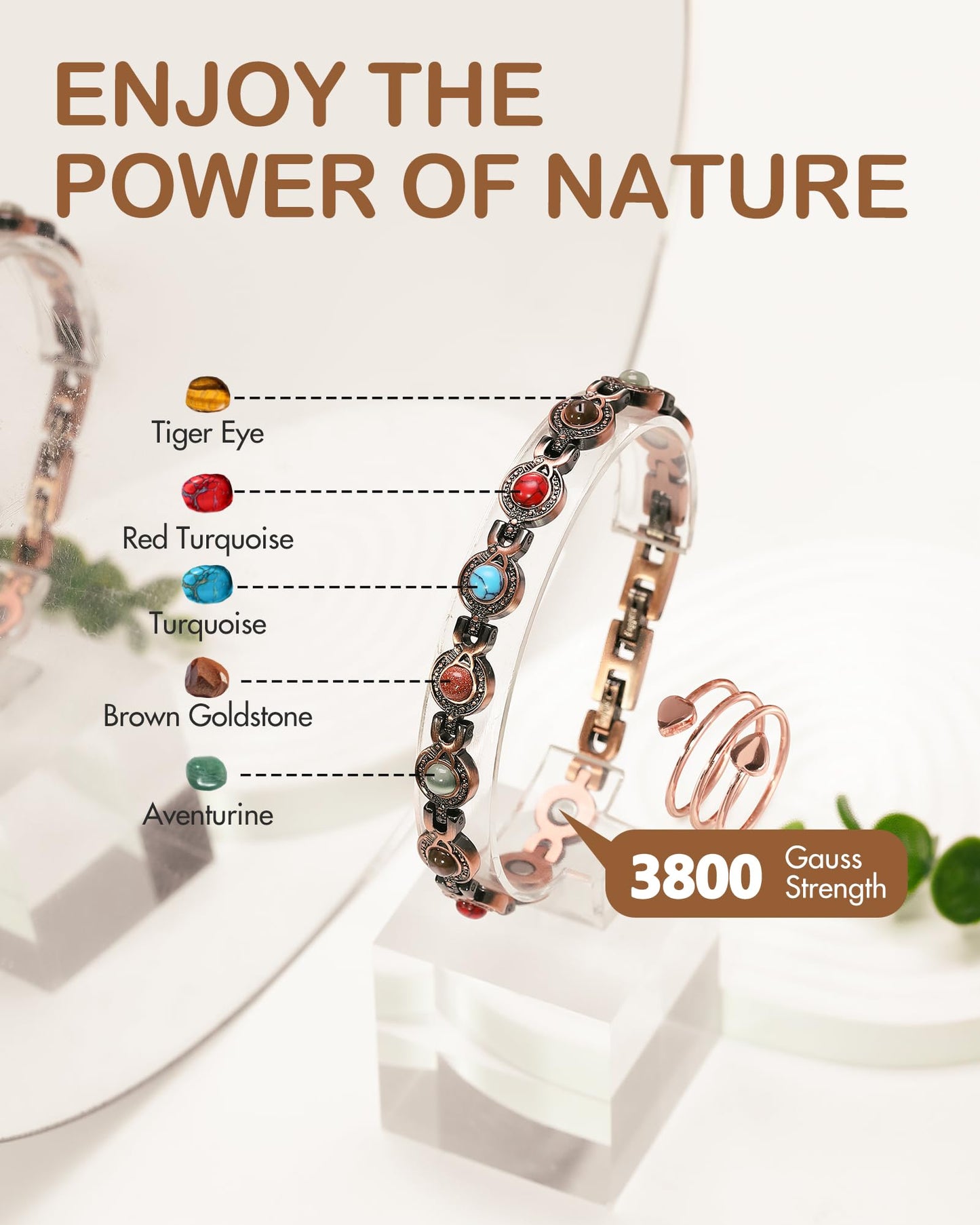 Feraco Pure Copper Bracelets & Rings for Women, Ultra Strength Magnetic Bracelet with 3800 Gauss Magnets & Natural Turquoise & Stones, Adjustable, Jewelry Gift (Circular)