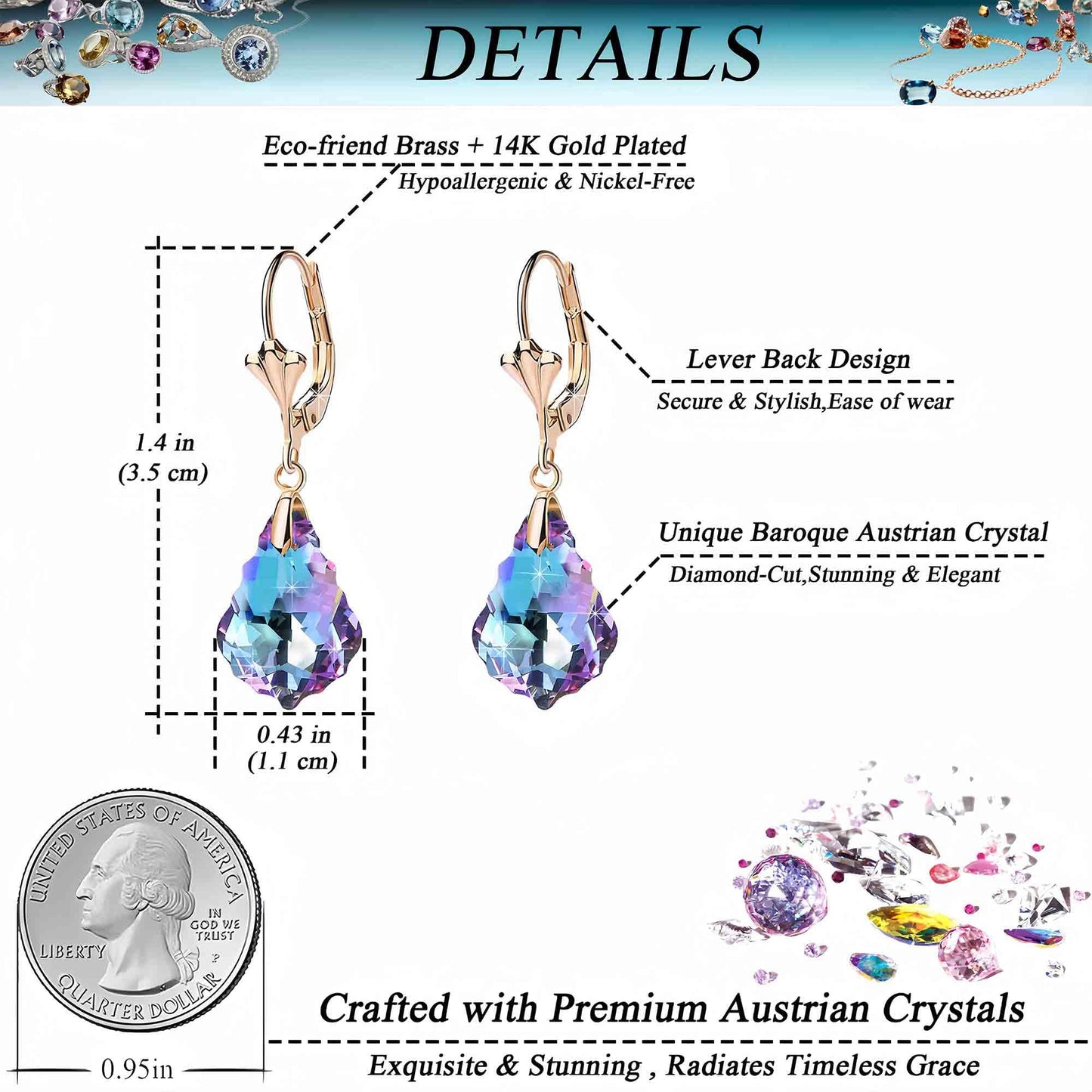 Austrian Crystal Baroque Drop Leverback Earrings for Women Fashion 14K Gold Plated Hypoallergenic Jewelry (Vitrail Light)