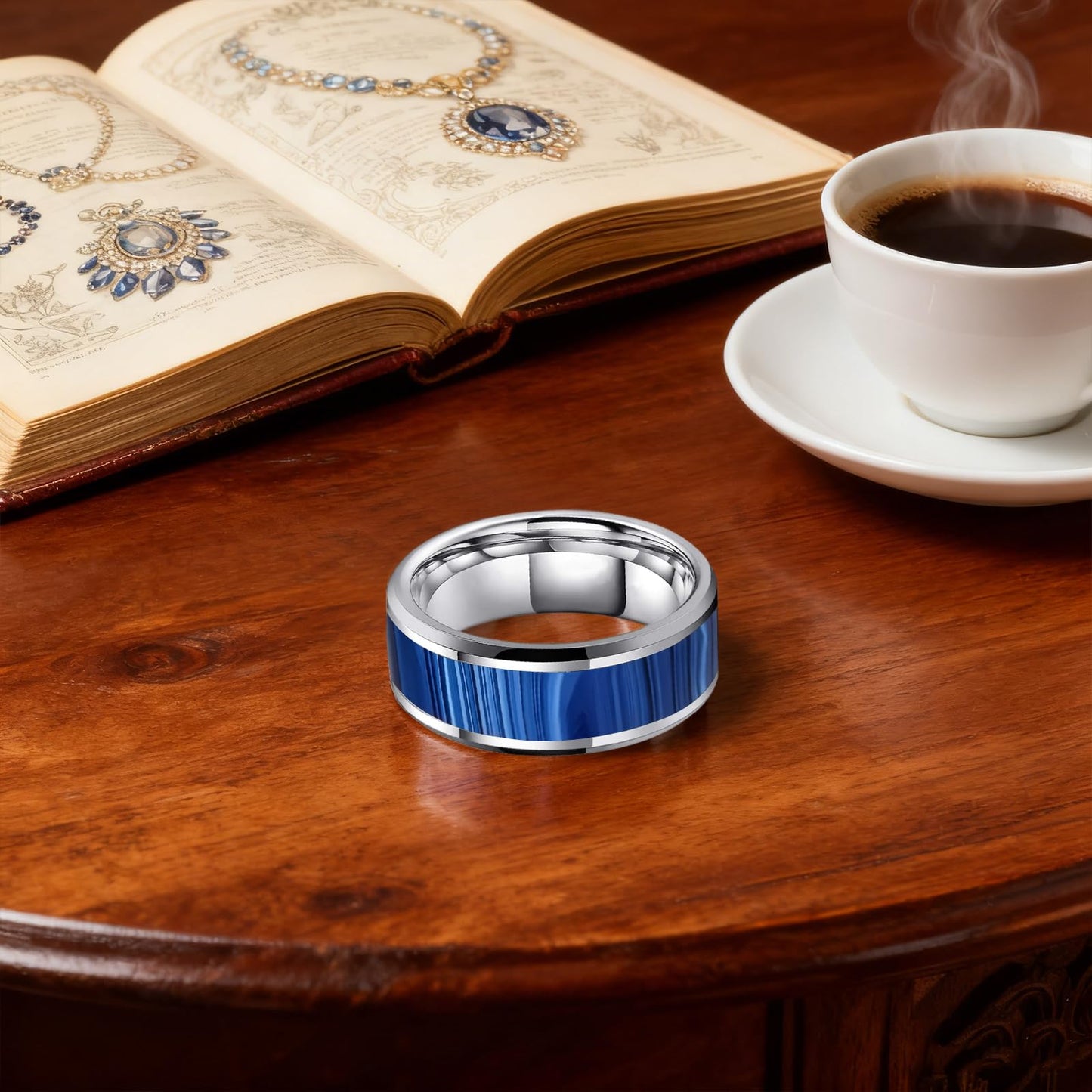 HJIMMNHONG New Carbon Fiber Fashion Rings Double Beveled Edge Delicate Polished Simple Stainless Steel Mens and Women Rings,8mm,Size Available (Peacock Blue, 9)