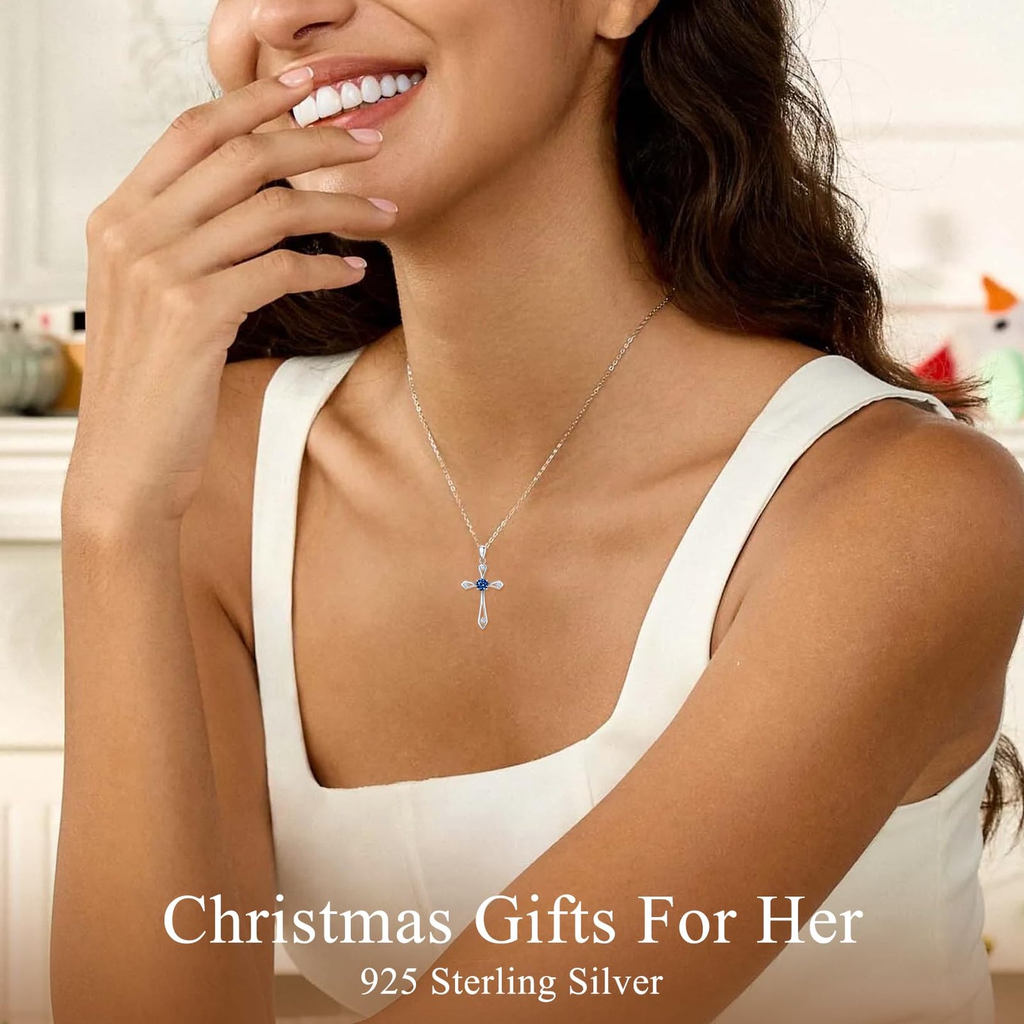 QUALISE Cross Necklace for Women,925 Sterling Silver September Birthstone Necklace Cross Pendant 5A CZ 12 Birth Months Birthstone Sapphire Jewelry Birthday Gifts for Her Wife Mom