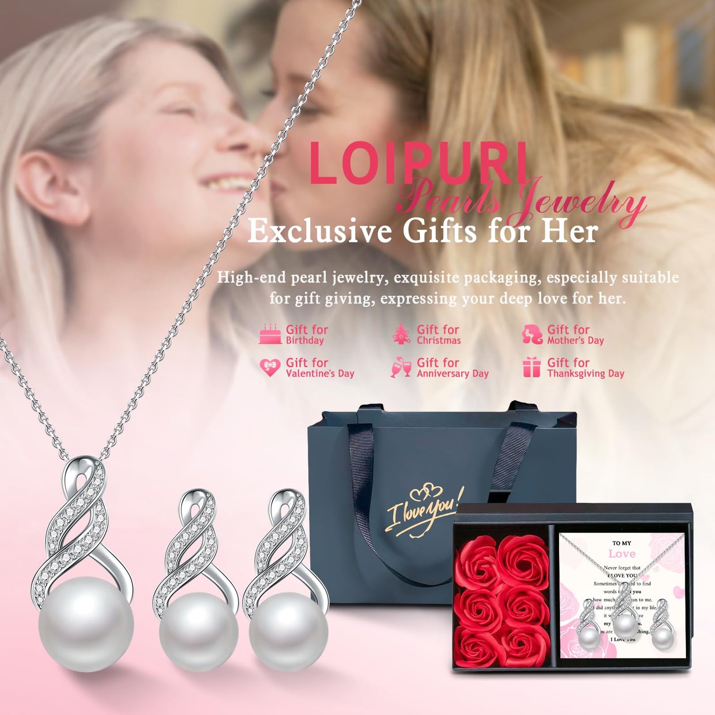 LOIPURI Pearl Necklace and Earring Set for Women - 925 Sterling Silver Pearl Jewelry Set Rhodium/Gold Plated Anniversary Birthday Gifts Packaged in Preserved Rose Box