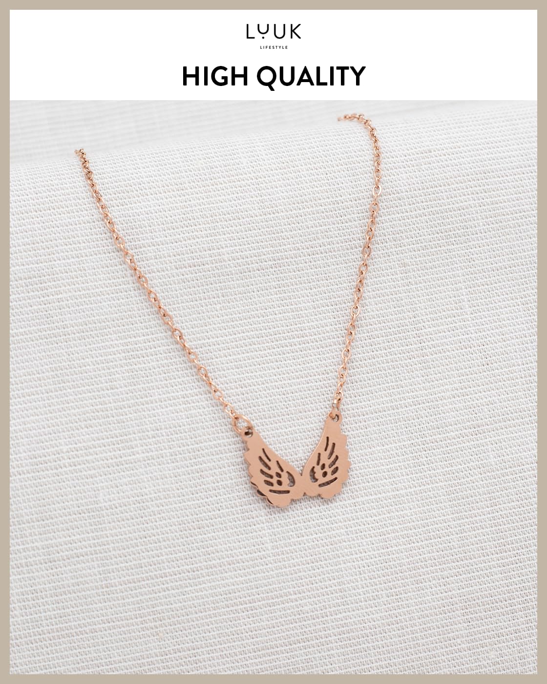 LUUK LIFESTYLE Stainless steel cute Angel Wings pendant necklace, Gift ideas for her, with HAPPINESS Gift Card, rose gold, 19in adjustable chain, waterproof, sturdy dainty simple minimalist trendy