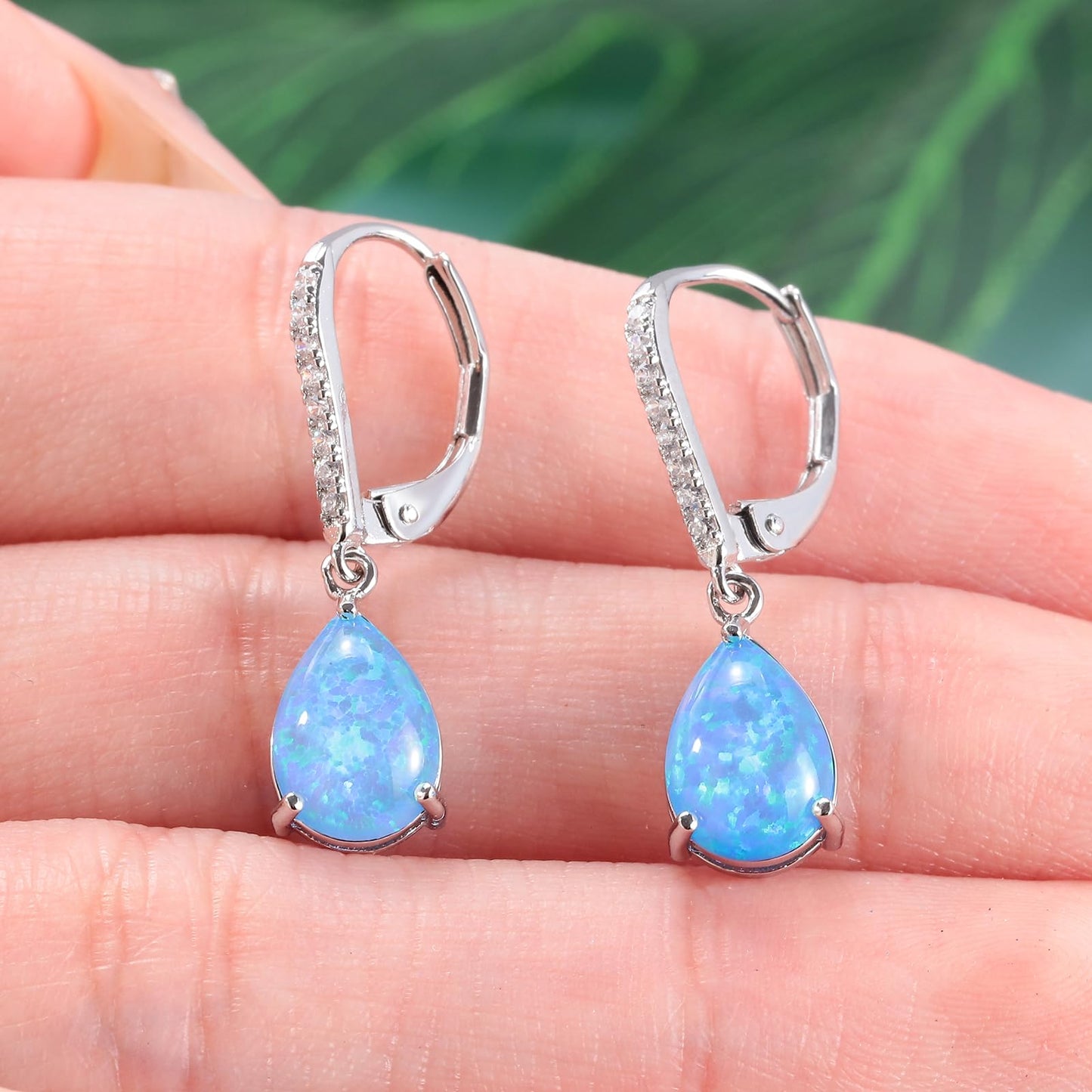 Leverback Blue Opal Dangle Earrings 14k White Gold Plated Drop Earrings for Women Teardrop Earrings Elegant Jewelry Gifts for Christmas Birthday Party