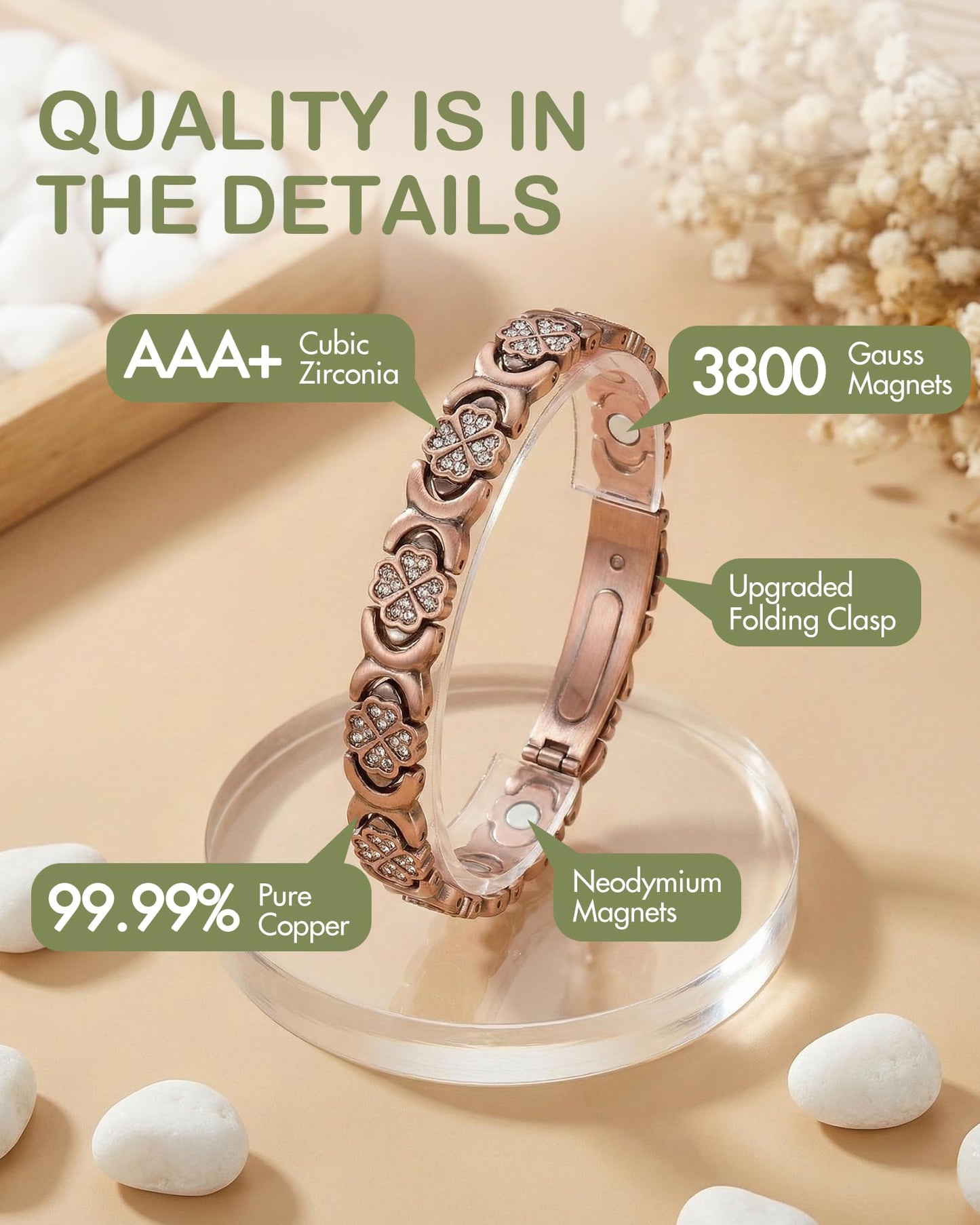 Feraco Pure Copper Bracelets for Women, Ultra Strength Magnetic Bracelet for Women with 3800 Gauss Magnet & Sparkling Cubic Zirconia, Copper Jewelry Gift, Infinite Clover (Copper)