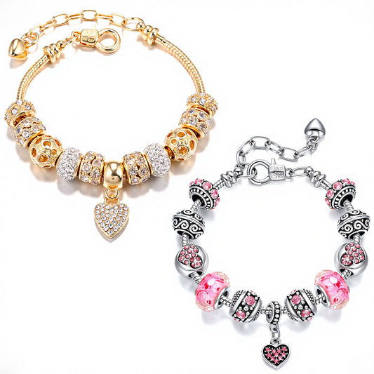 VTEAS 2 Pack Charm Bracelets Pink and Gold Heart Silver Plated Charm Bracelet, DIY Jewelry for Women Gifts, with Beads, Crystal, Charms, Love and Adjustable Snake Chain, Fits 7.5"+1.5"