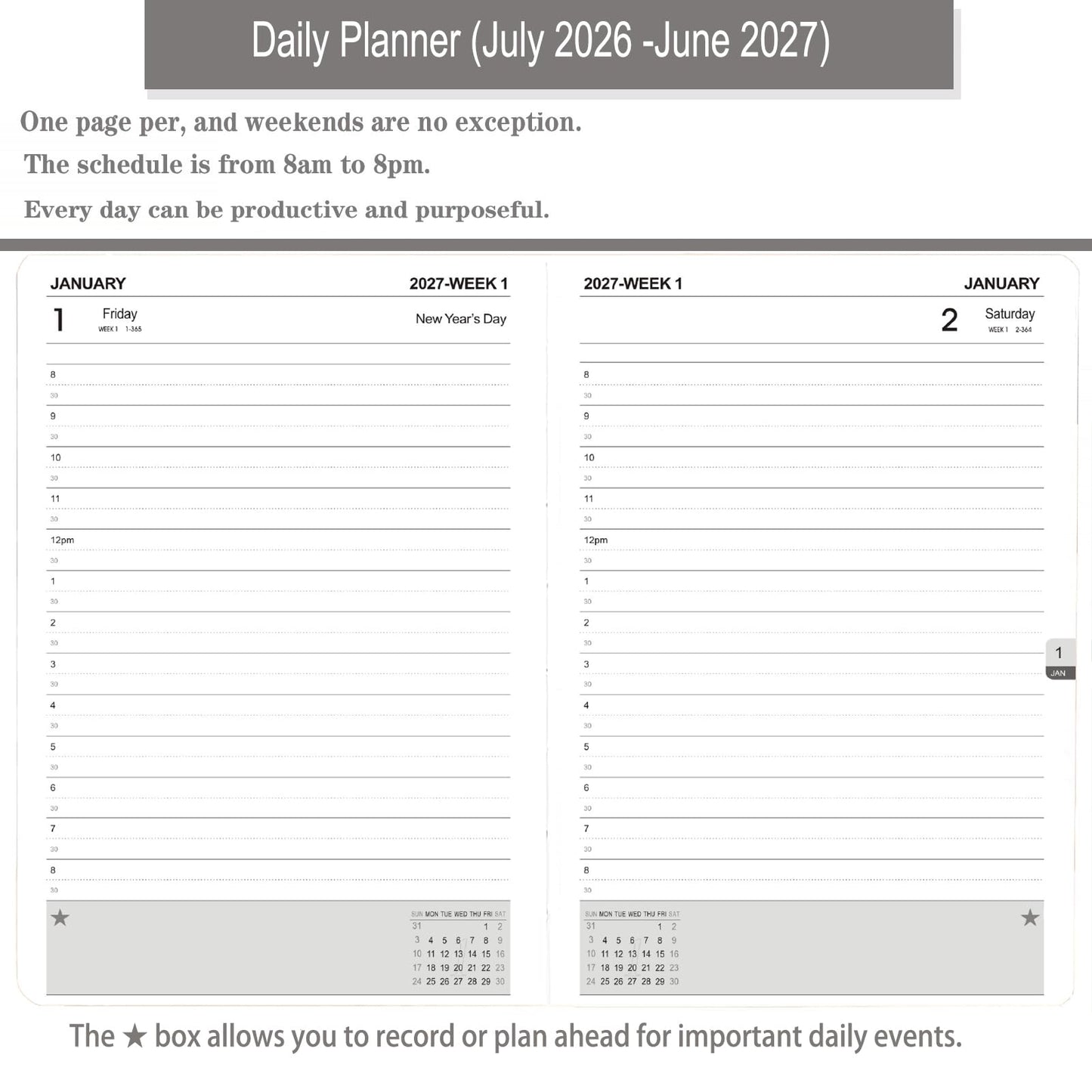 Daily Planner 2026-2027, One Page Per Day, Academic Calendar (July 2026 - June 2027), Appointment Book with Time Slots and Monthly Tabs, 5.7" x 8.25", Pocket, Leather Cove (Lake Green)