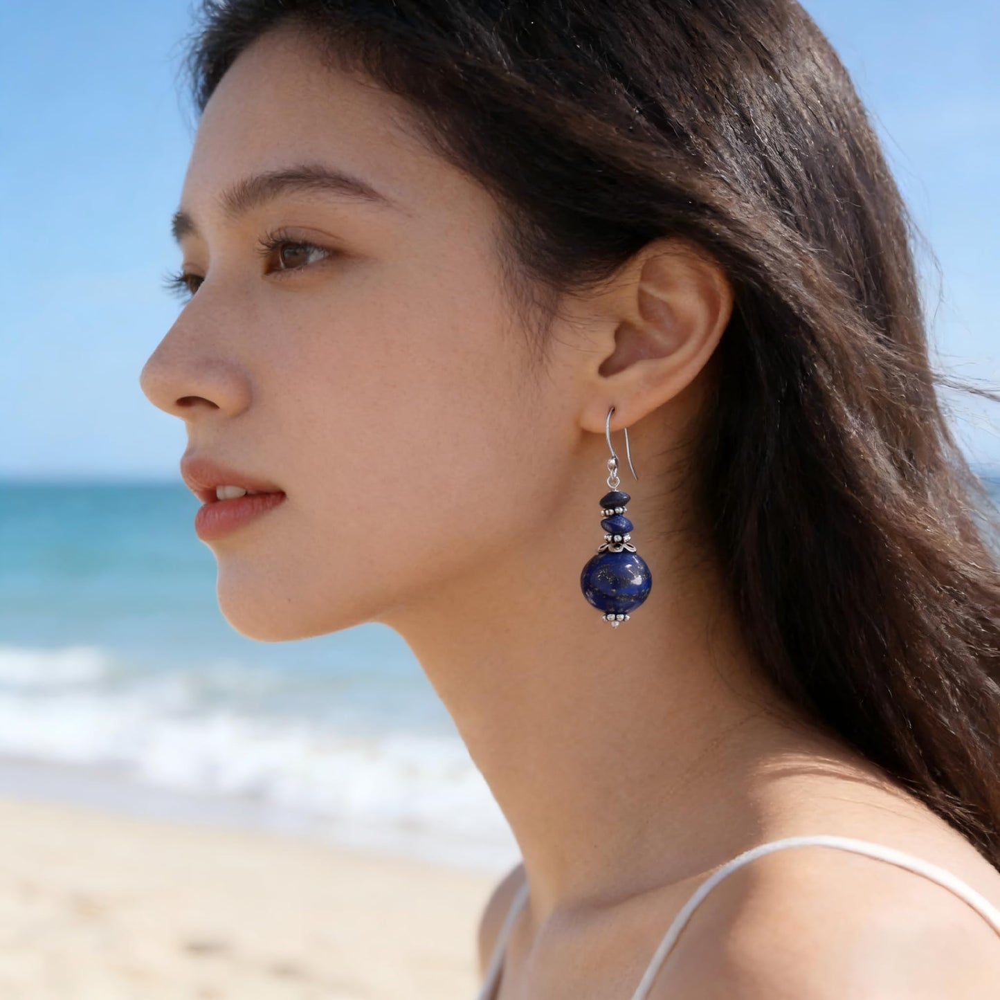 Turquoise Earrings for Women Double Lapis Lazuli Drop Earrings Natural Stone Round Bead Dangle Earrings Fashion Jewelry Gift (B-Lapis Lazuli)