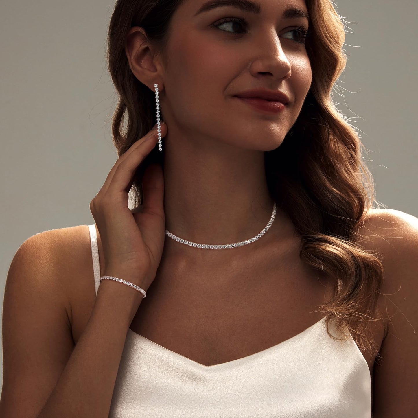 LULII Tennis Necklace Set for Women Dainty Sterling Silver Necklace and Earring Sets Rhinestone Drop Dangle Earrings Crystal Bracelets for Women Silver Jewelry Sets for Bride Gift
