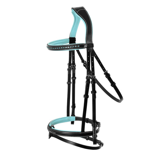 ExionPro Anatomical English Horse Bridle with Blue Crystal Bling Browband- Baby Blue Padded Jumping Bridle with Flash Noseband & Rubber Reins- Comfort Crown - Black or Havana Brown - Full