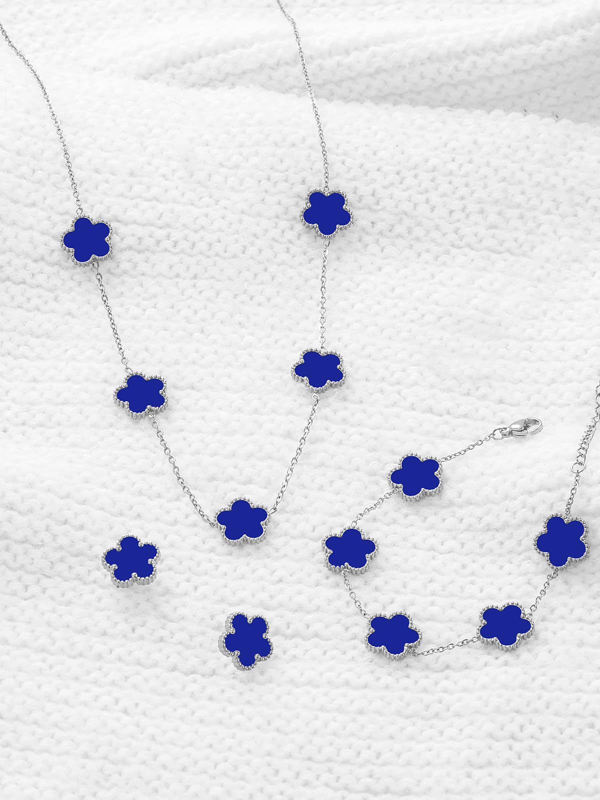 Qinpan Five Leaf Clover Necklace Bracelet and Stud Set for Women Lucky Flower Jewelry (Royal Blue-Stainless Steel)