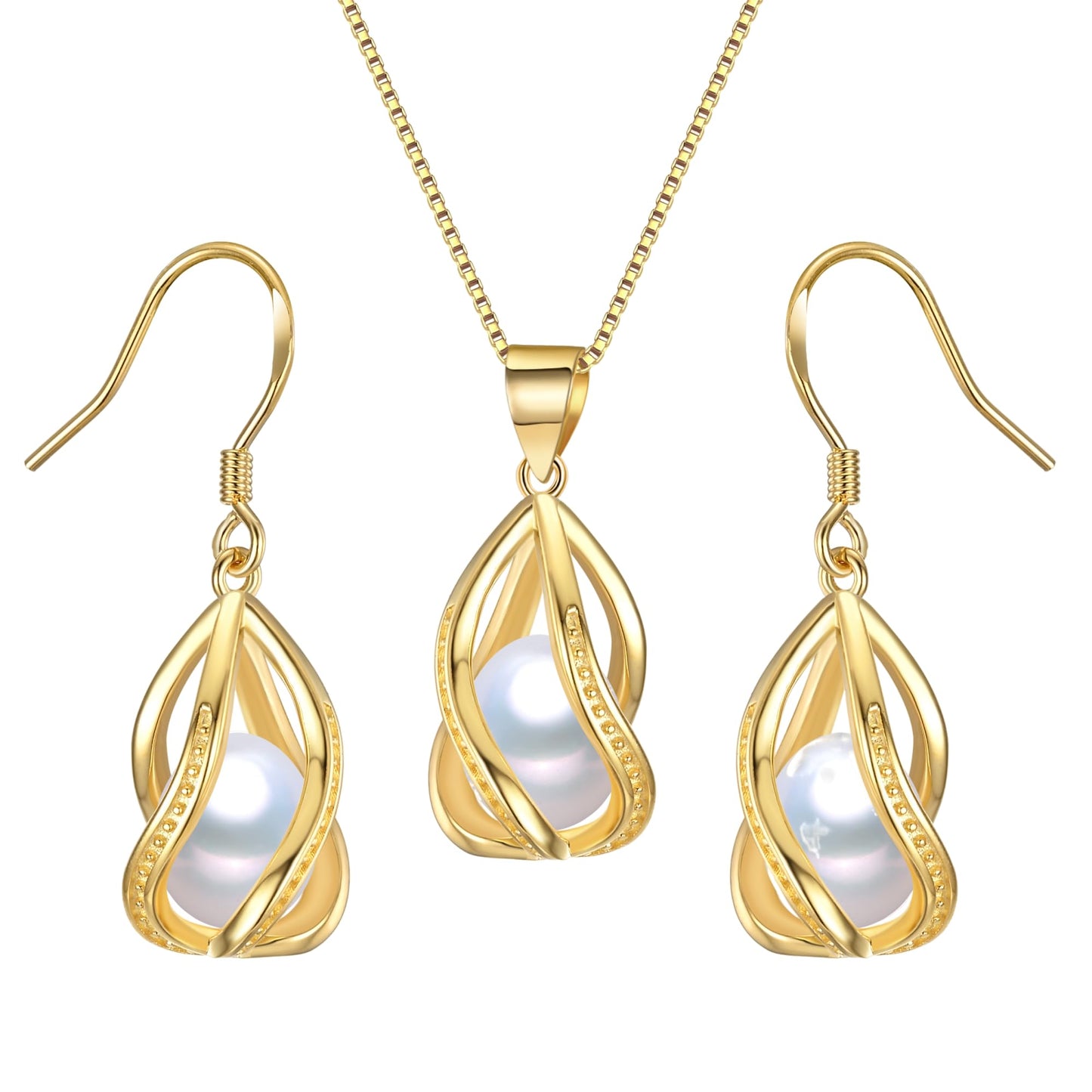 HENGSHENG Pearl Jewelry Set For Women 14K Gold Plated Necklace & Earrings Set Freshwater Pearl Pendant Cage Set for Wedding Anniversary Prom Birthday Gift - Golden White