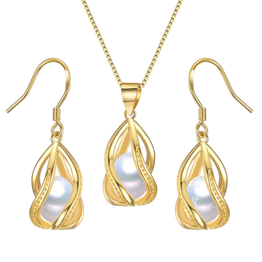 HENGSHENG Pearl Jewelry Set For Women 14K Gold Plated Necklace & Earrings Set Freshwater Pearl Pendant Cage Set for Wedding Anniversary Prom Birthday Gift - Golden White