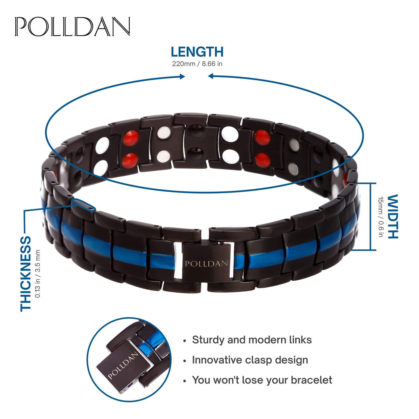 Polldan Magnetic Bracelets for Men 6000 Gauss Power | Titanium Bracelet for Men with 2X Strong Magnets | Durable Mens Magnetic Bracelet with Adjustable Length | Stylish Mens Jewelry & Black Metal Sizing Tool (Blue-Black)