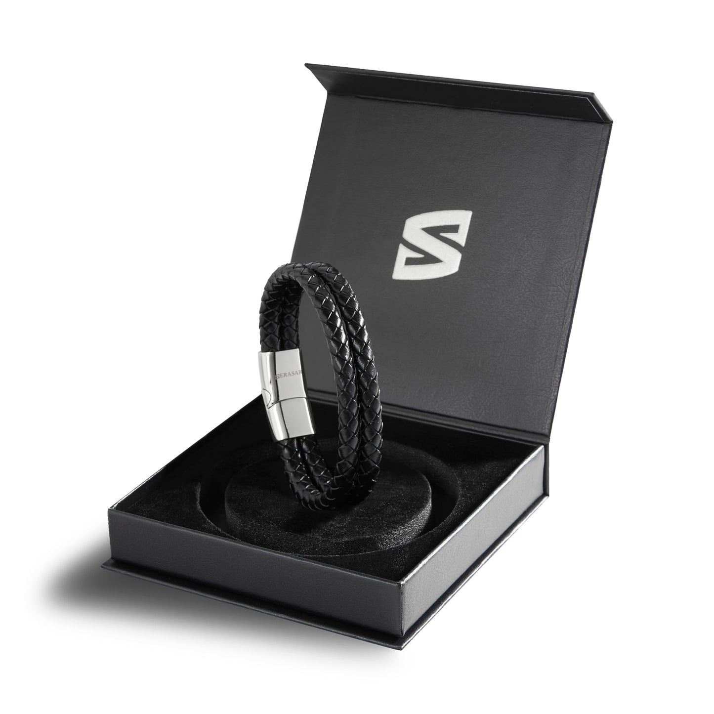 SERASAR 8″ Silver Leather Bracelets for Men Mens Armlet Cowhide Gift Box Braided Circlet Stainless Steel Jewelry Wrist Band Cuff Wrap Rope Bangle Dad Pulseras para Hombres Cuero Regalo