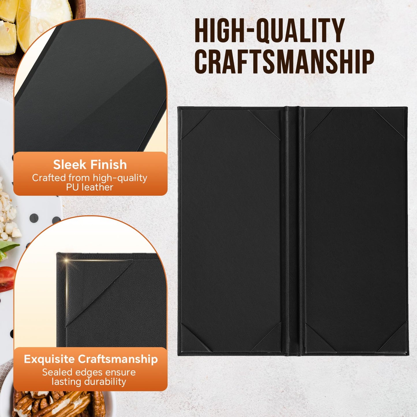 MYFULLY Restaurant Menu Holders 4.25" x 11", 6 Pack Black PU Leather Single Panel Menu Covers with Angled Corners for Restaurant, Bar, Coffee Shop, Wine List (4 View)
