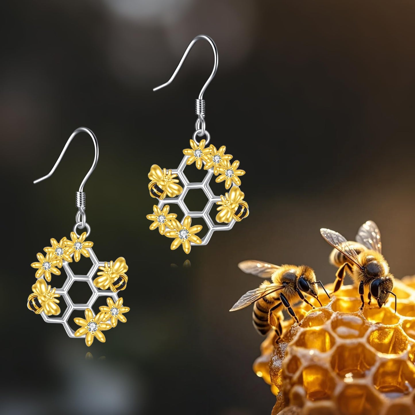 YONFQE Bee Earrings S925 Sterling Silver Honeycomb Honeybee Dangling Hanging Pendant Earrings Cute Jewelry Gifts for Women
