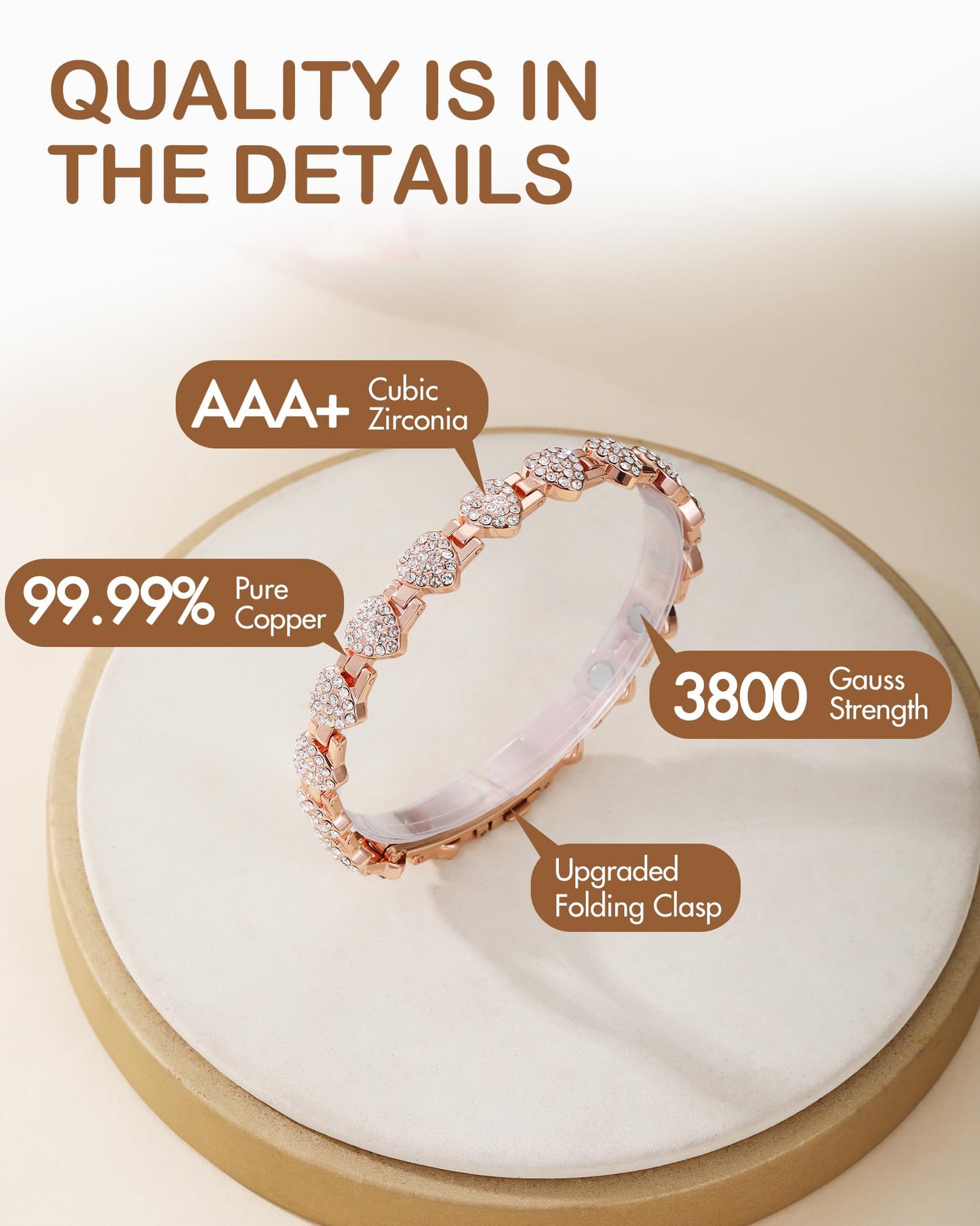 Feraco Copper Bracelets for Women, Ultra Strength Magnetic Bracelet with 3800 Gauss Neodymium Magnets & Dazzling Cubic Zirconia, Pure Copper Jewelry Gift, Heart Shape (Rose Gold)
