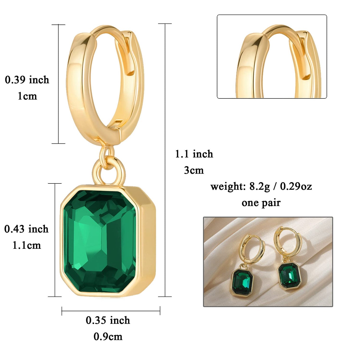 Birthstone Crystal Dangle Drop Earrings, 18K Gold Plated Huggie Hoop Hypoallergenic Earring Jewelry Gifts for Women (Green)