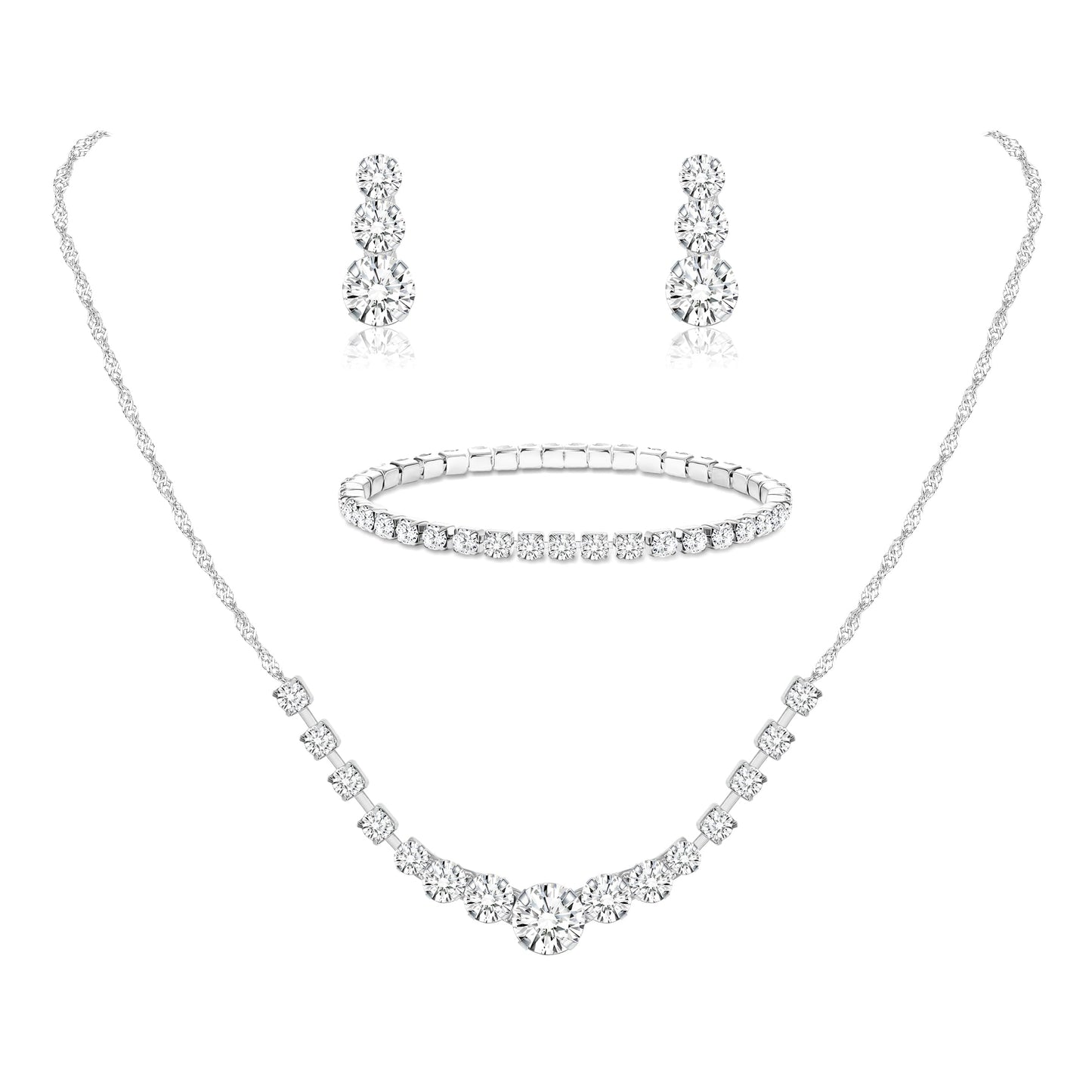 Jstyle 3 Pcs Silver Jewelry Set for Women Wedding Bridal Necklace Earrings Bracelet with Crystal CZ Hypoallergenic Prom Jewelry Set for Bride Bridesmaid Party Birthday Accessories Style 1