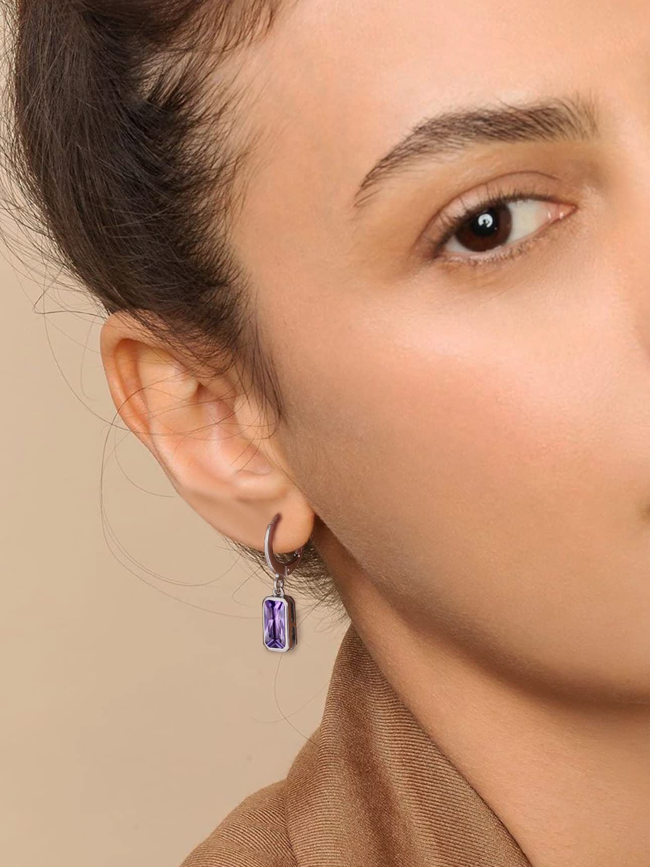 Bestyle Silver February Birthstone Dangle Earrings - Amethyst Crystal Drop Baguette Earrings for Women - Dainty Cute Small Silver Huggie Hoop Dangle Earrings for Birthday Wedding Party Gowns